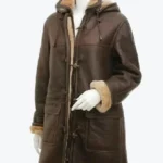 Women Sheepskin Brown Duffle Coat With Hood Rare Jacket