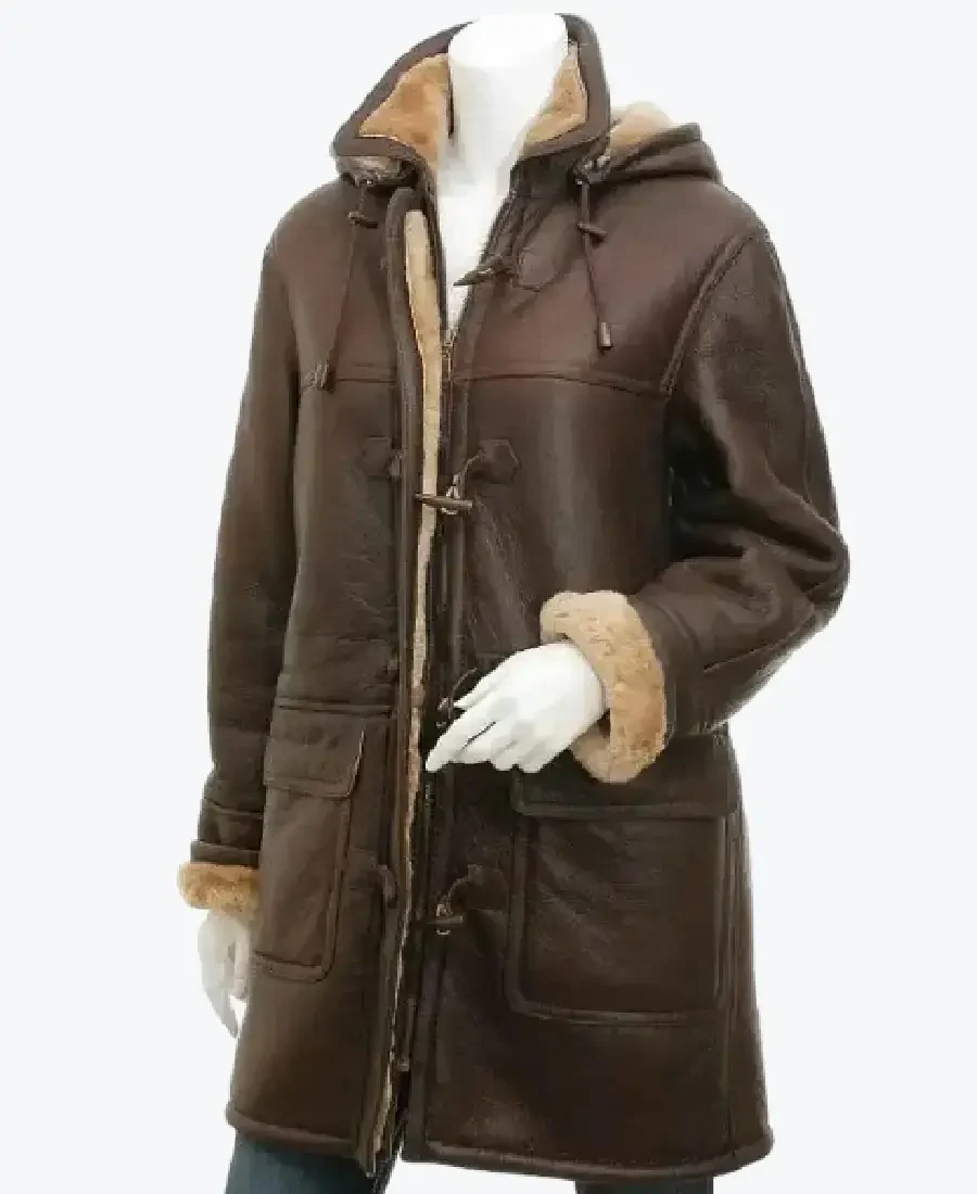 Women Sheepskin Brown Duffle Coat With Hood Rare Jacket