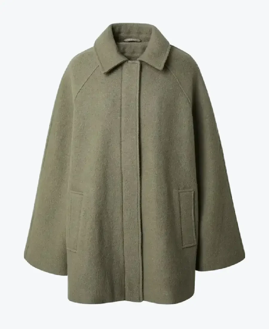 Women Smooth Elegant Wool Olive Green Coat Rare Jacket