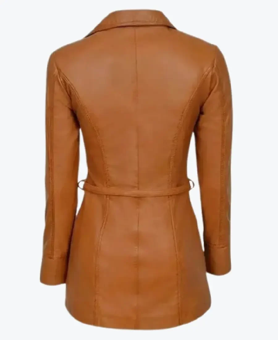 Women Tan Brown Leather Trench Coat back - Rare Jackets