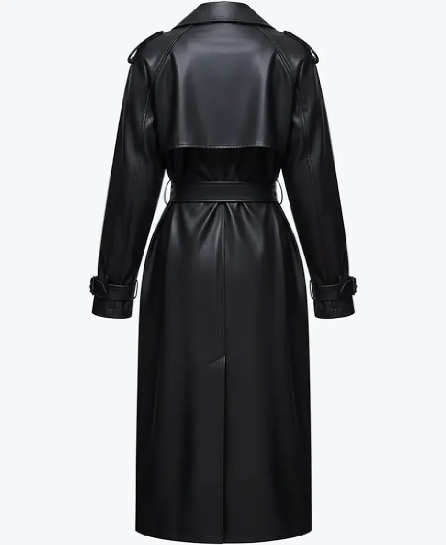 Women Trendy Fashion Black Leather Trench Coat back - Rare Jackets