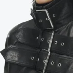 Women’s Black Belt Detail Leather Jackets Collar Rare Jacket