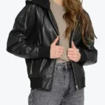 Women’s Black Hooded Leather Bomber Jacket - Rare Jackets