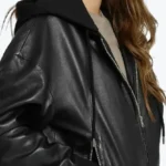 Women’s Black Hooded Leather Bomber Jacket Side - Rare Jackets