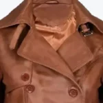 Women’s Double-Breasted Mid Length Brown Leather Coat Collar Rare Jacket