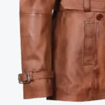 Women’s Double-Breasted Mid Length Brown Leather Coat Sleeves Rare Jacket