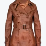 Women’s Double-Breasted Mid Length Brown Leather Coats Rare Jacket