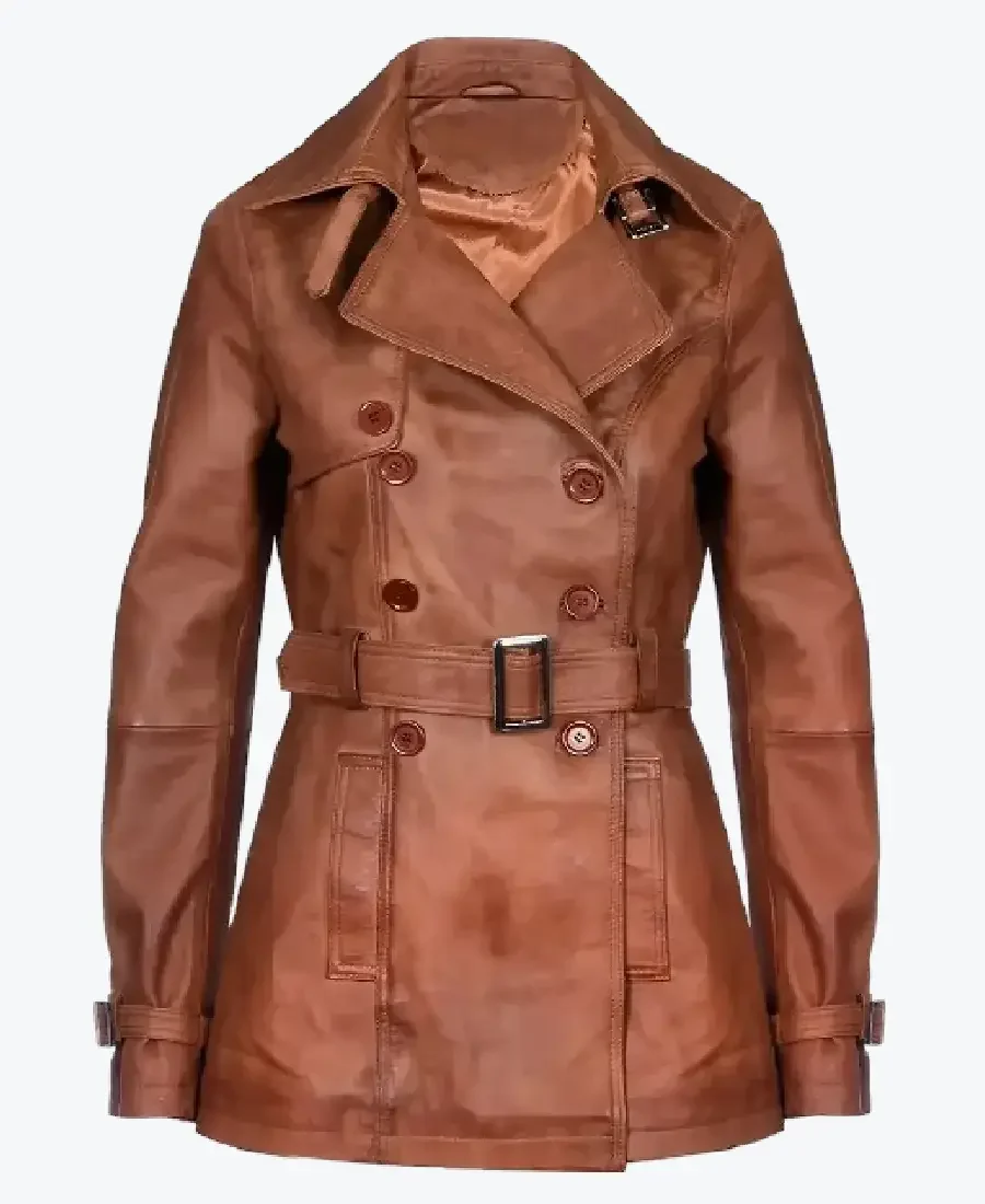 Women’s Double-Breasted Mid Length Brown Leather Coats Rare Jacket