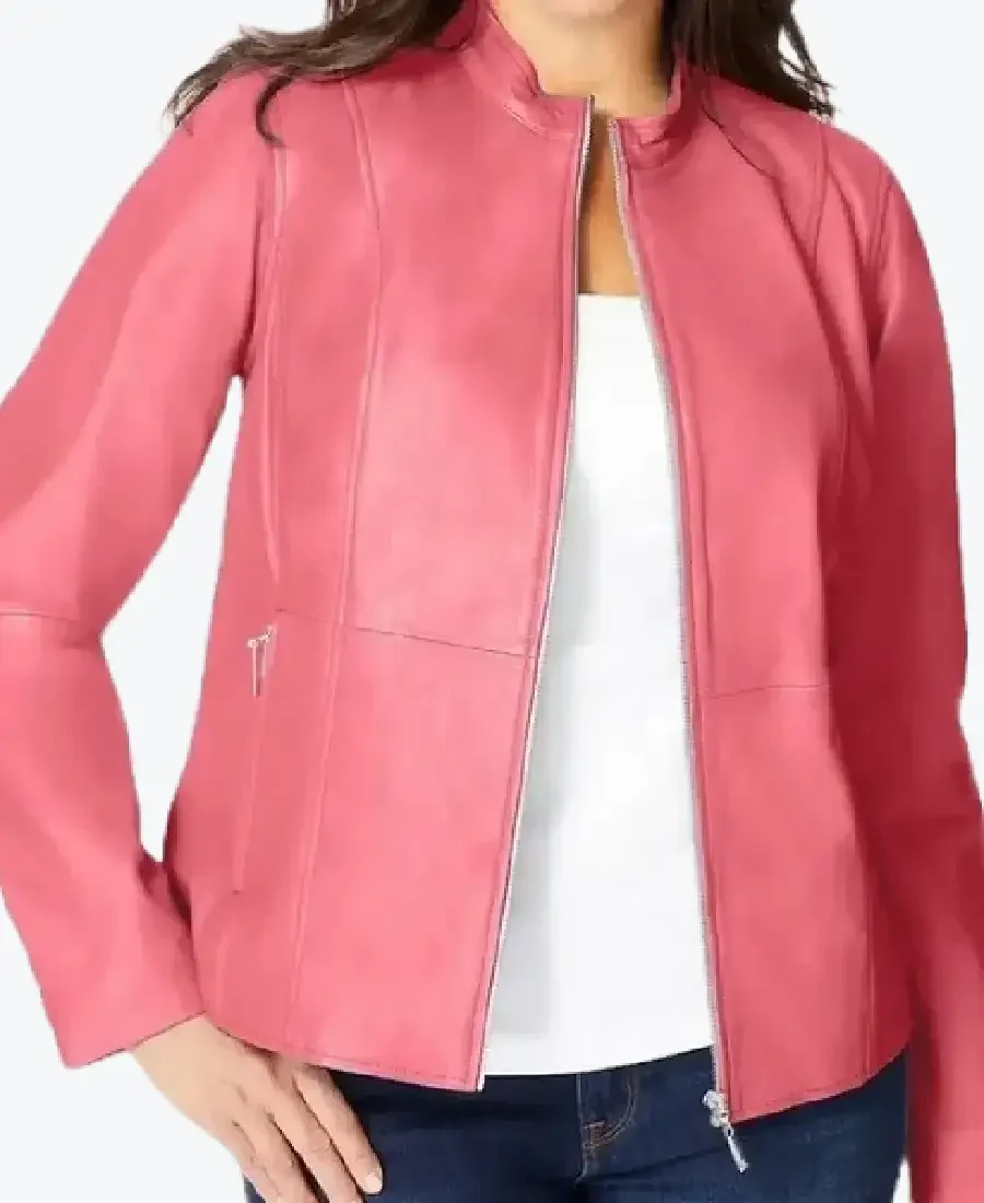 Women’s Front Pink Zip Leather Jackets Rare Jacket