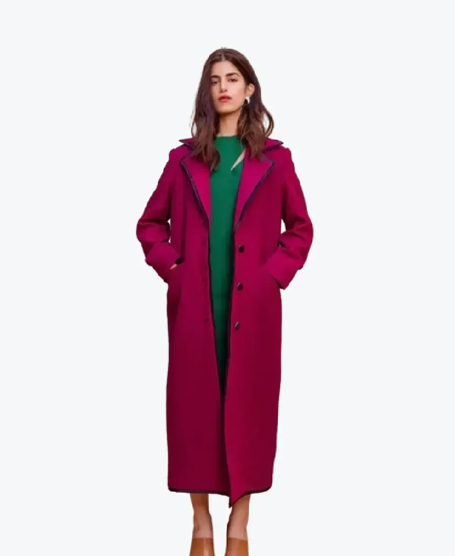 Women's Magenta Wool Long Coat Front - Rare Jackets