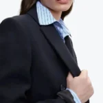 Women’s Navy Blue Long Wool Coat Front - Rare Jackets