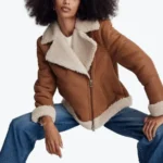 Women’s Oversized Shearling Brown Aviator Jackets Close