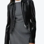 Womens Shirt Collar Black Leather Jackets Rare Jacket