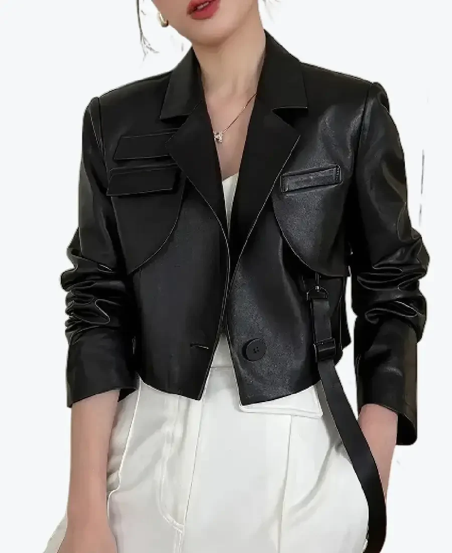 Women’s Slim Fit Cropped Black Sheepskin Leather Jackets Rare Jacket