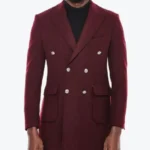 Men's Burgundy Double Breasted Wool Coat Front - Rare Jackets