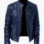 Biker Casual Zipper Leather Jacket Dark Blue Rare Jacket