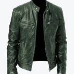 Biker Casual Zipper Leather Jacket Green Rare Jacket
