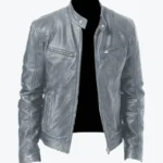 Biker Casual Zipper Leather Jacket Grey Rare Jacket