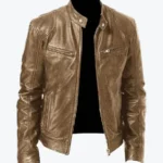 Biker Casual Zipper Leather Jacket Khaki Rare Jacket
