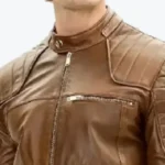 Men Piping Details Brown Moto Leather Jackets Collar Rare Jacket