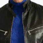 Men Signature Black Cafe Racer Leather Jacket Collar Rare Jacket