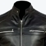 Mens Black Biker Cafe Racer Leather Jacket Collar Rare Jacket