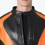 Men's Black Orange Cropped Biker Leather Jacket Collar Rare Jacket
