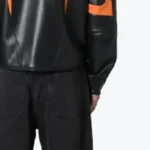 Men's Black Orange Cropped Biker Leather Jacket Sleeves Rare Jacket