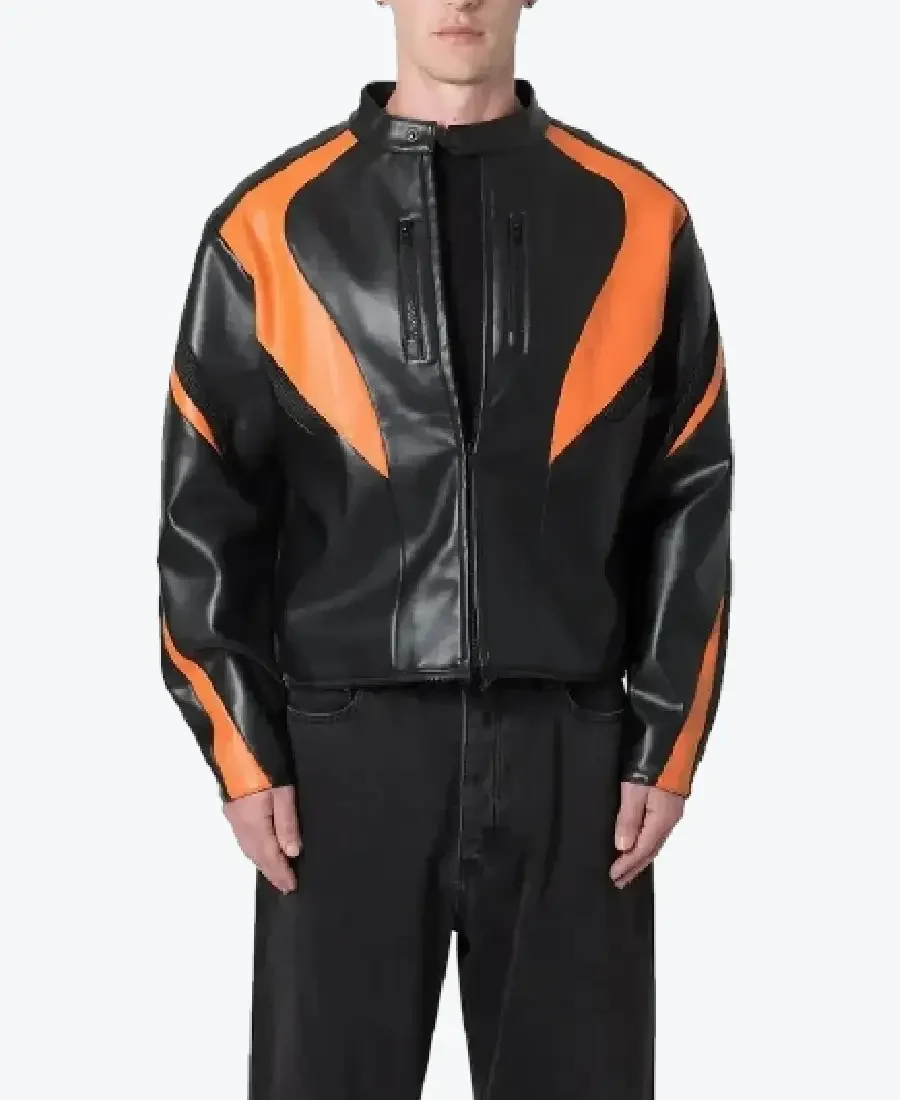 Men's Black Orange Cropped Biker Leather Jackets Rare Jacket
