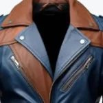 Mens Blue and Brown Leather Biker Jacket Collar Rare Jacket