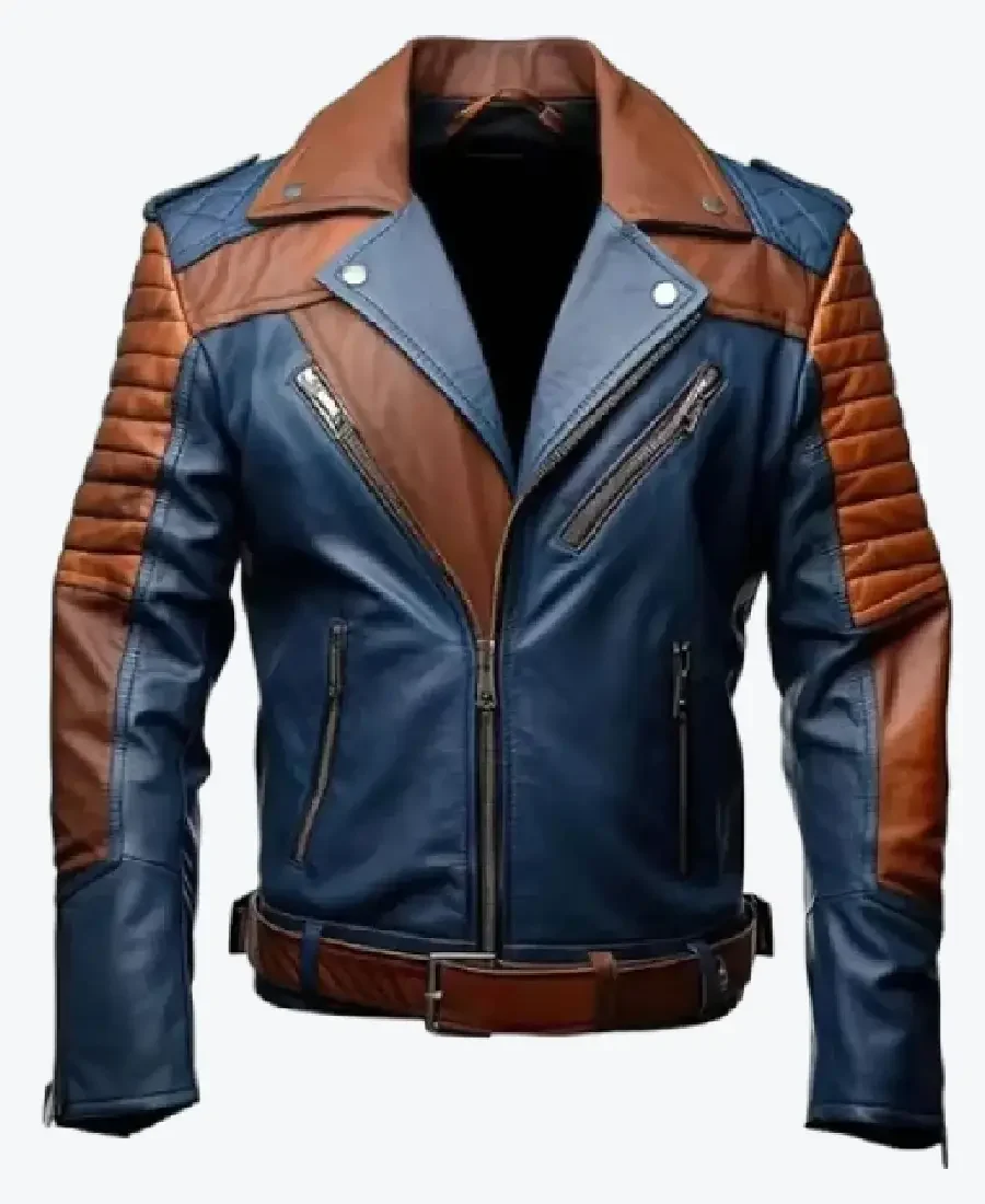 Mens Blue and Brown Leather Biker Jackets Rare Jacket