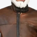 Men’s Brown Leather Faux Shearling Jacket Collar Rare Jacket