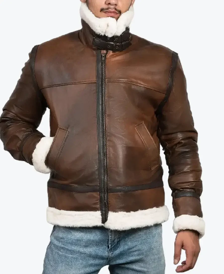 Men’s Brown Leather Faux Shearling Jacket Rare Jacket