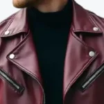 Men's Burgundy Cowhide Leather Moto Jacket Collar Rare Jacket