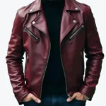 Men's Burgundy Cowhide Leather Moto Jackets Rare Jacket