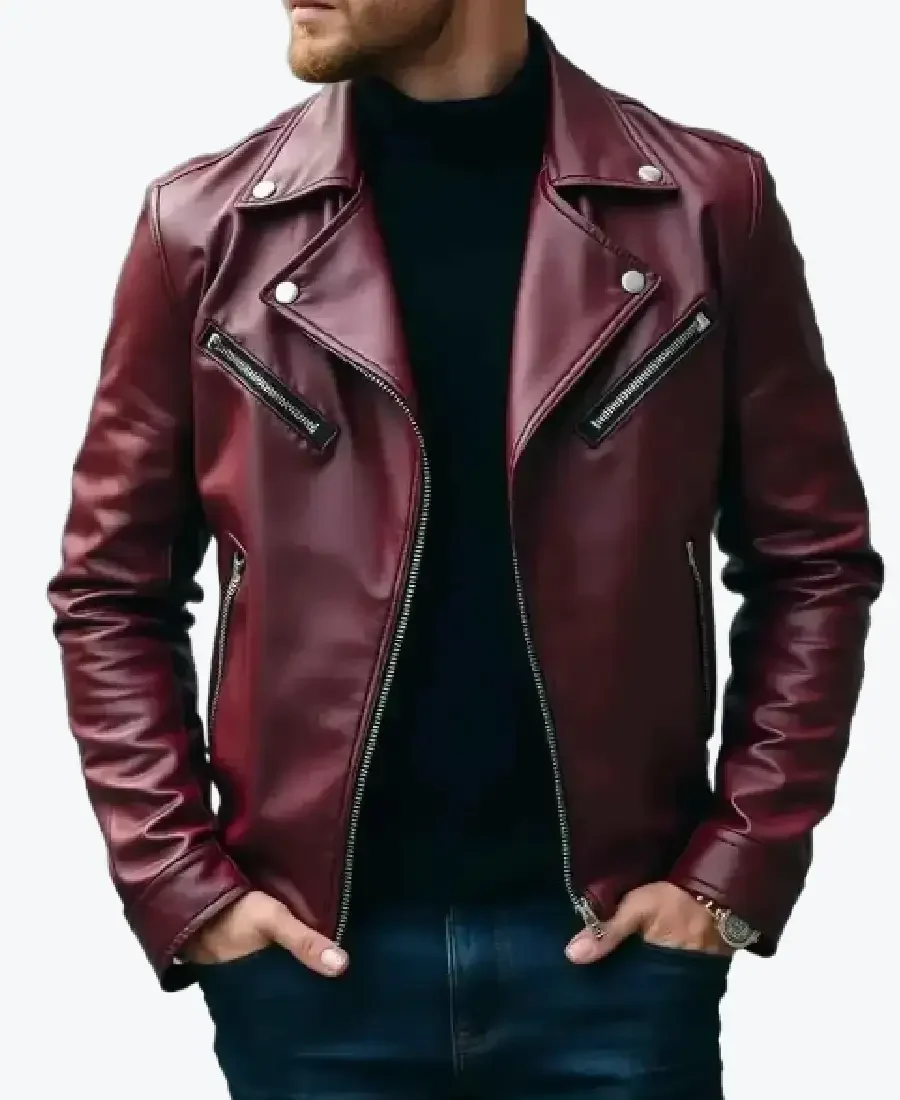 Men's Burgundy Cowhide Leather Moto Jackets Rare Jacket