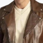 Mens Distressed Brown Leather Motorcycle Jacket Collar Rare Jacket