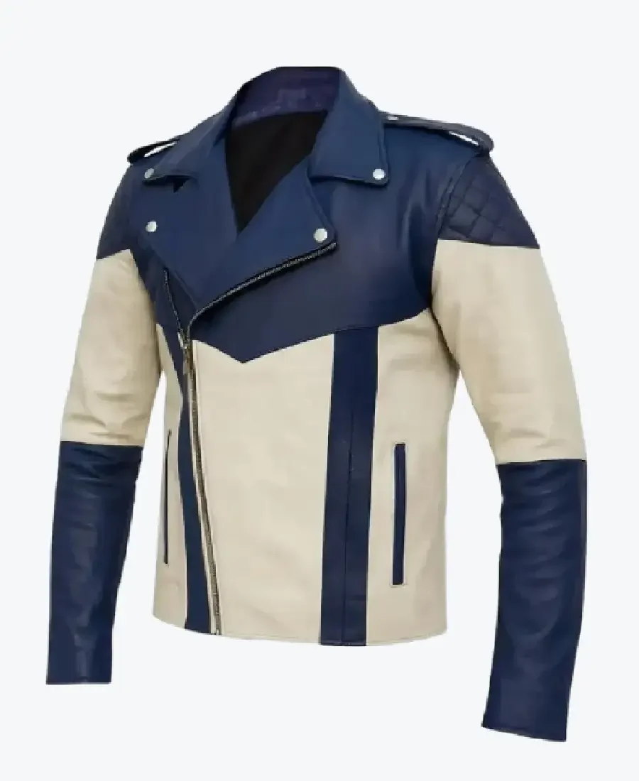 Men’s Gothic Cosplay Blue_White Leather Biker Jackets Rare Jacket