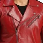 Men's Red Asymmetrical Biker Leather Jacket Collar Rare Jacket