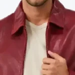 Men's Red Shirt Collar Leather Biker Jacket Collar Rare Jacket