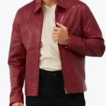 Men's Red Shirt Collar Leather Biker Jackets Rare Jacket