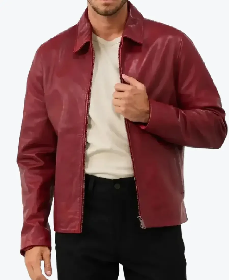 Men's Red Shirt Collar Leather Biker Jackets Rare Jacket