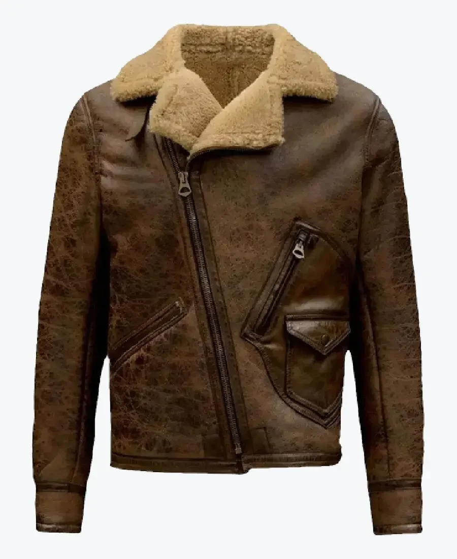 Men’s Shearling Distressed Brown Bomber Leather Jackets Rare Jacket