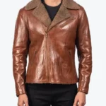 Men's Shearling Lapel Style Leather Jacket Brown Rare Jacket