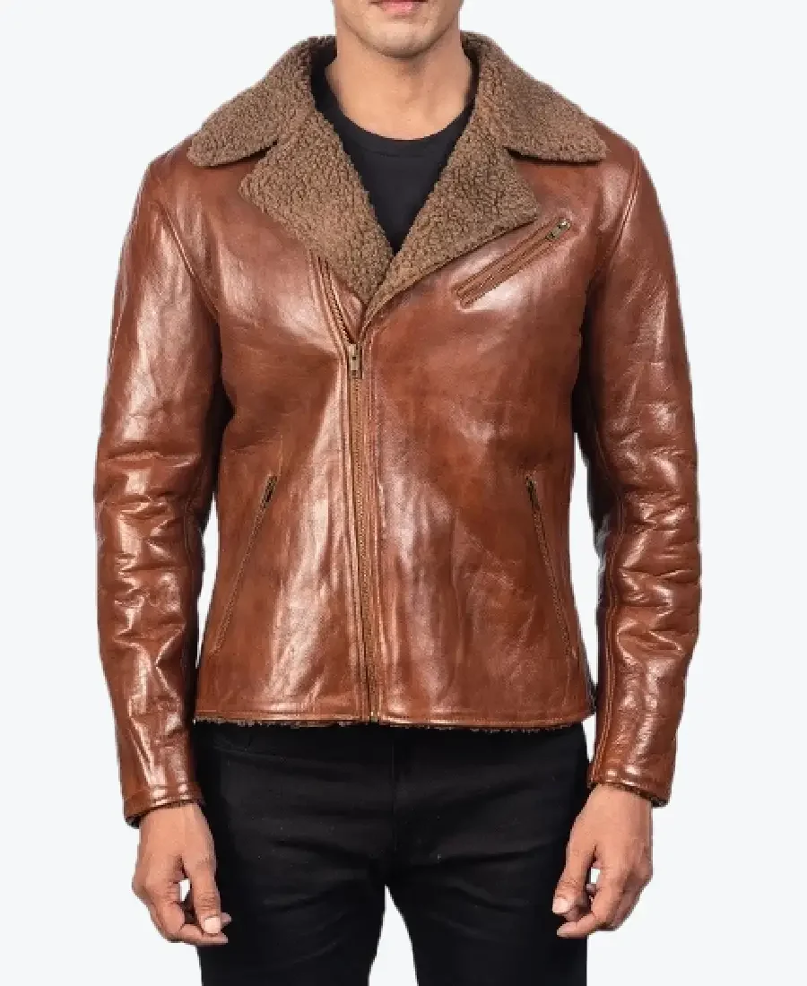 Men's Shearling Lapel Style Leather Jacket Brown Rare Jacket