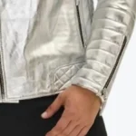 Men's Silver Quilted Moto Leather Jacket Sleeves Rare Jacket