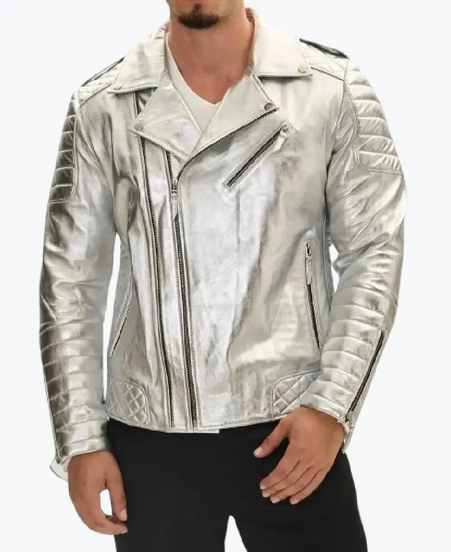 Men's Silver Quilted Moto Leather Jackets Rare Jacket