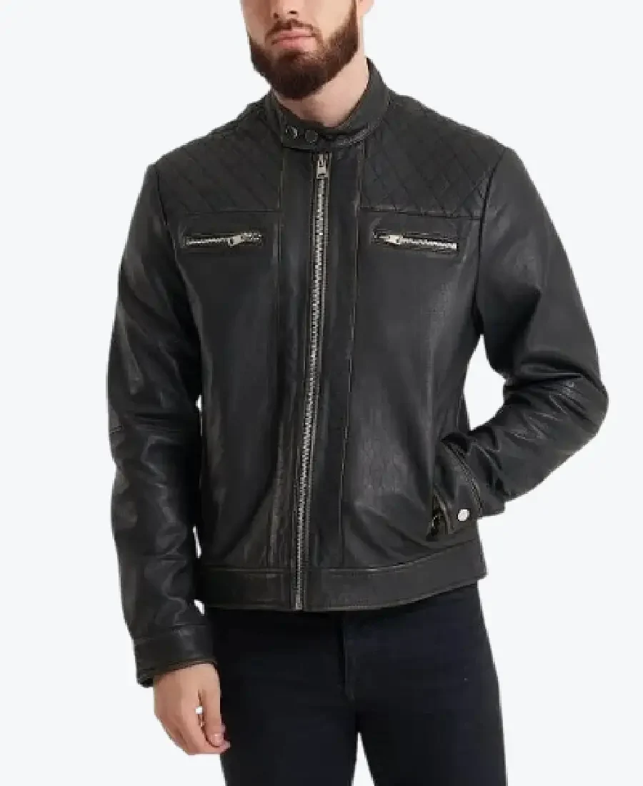 Men's Simple Black Leather Biker Jackets Rare Jacket