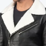 Men's White Shearling Black Leather Jacket Collar Rare Jacket