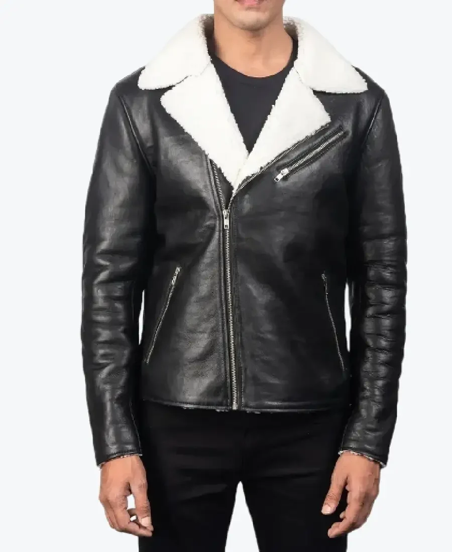 Men's White Shearling Black Leather Jackets Rare Jacket